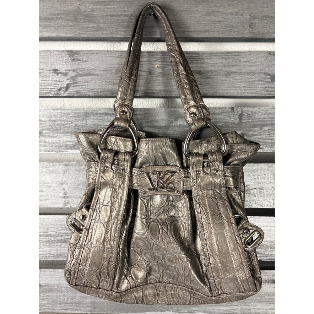 vtg y2k Kathy Van Zeeland Metallic Pewter Croc Embossed Hobo Shoulder Bag Silver